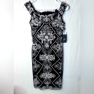 NWT Adrianna Papell Women’s Off Shoulder Fitted Beaded Dress. Black White. SZ 2P